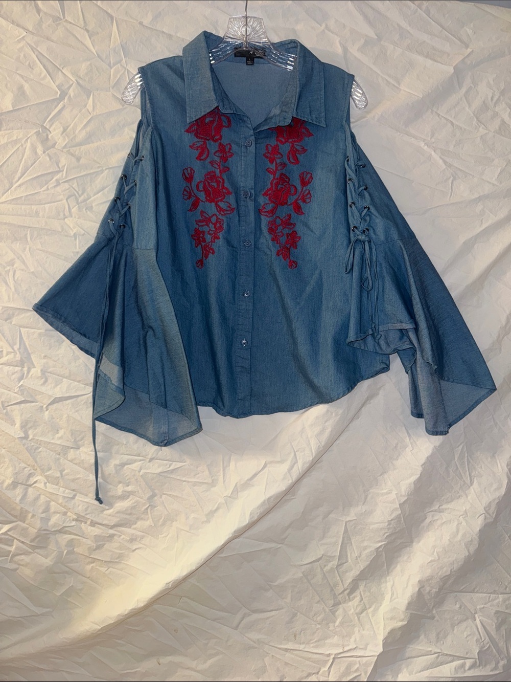 A.Calin Cold-Shoulder Chambray Button-Down Top with Red Floral Embroidery